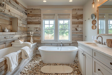 Coastal-inspired bathroom with driftwood accents and nautical touches. - obrazy, fototapety, plakaty