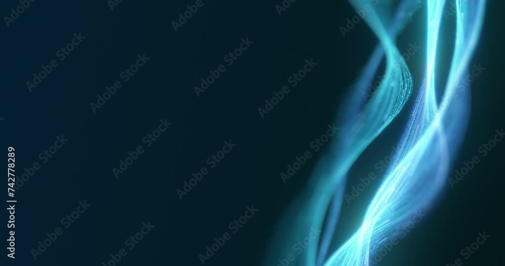 Poster blue particle waves flow across a dark backdrop, creating a tech-focused seamless loop with left-sid