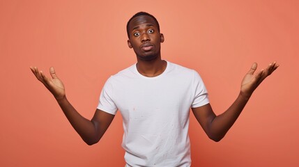 Inexperienced African American male in casual tee displaying uncertain and perplexed look with raised arms and palms. Concept of uncertainty. - obrazy, fototapety, plakaty