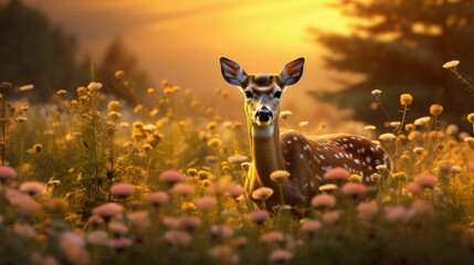 wildlife deer eating flowers - obrazy, fototapety, plakaty