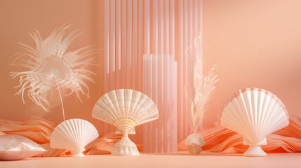 Various sea shell decor in a trendy peach pink color, shot for advertisement background