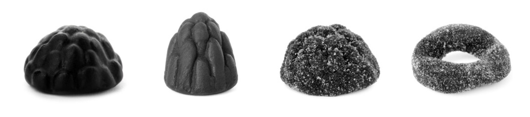 Tasty liquorice candies isolated on white, set