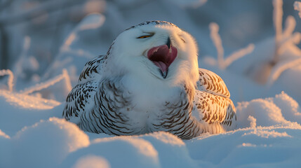 nowy Owl-Yawning Smiling in Snow, generative ai - 742779081