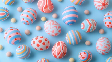 Fototapeta na wymiar pastel easter eggs with playful patterns scattered on light blue background seasonal decor