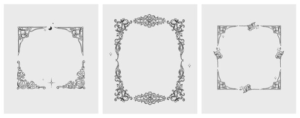 Hand drawn vector abstract outline,graphic,line vintage baroque ornament floral frame in calligraphic elegant modern style.Baroque floral vintage outline design concept.Vector antique frame isolated. - 742779865