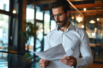 Serious young Latin business man checking financial documents in office. Busy male professional account manager executive holding corporate tax bill papers reading letter standing, Generative AI