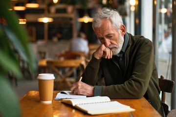 Thoughtful older adult business man writing in notebook, middle aged author or writer taking notes thinking of new ideas, mature male student making checklist, learning in cafe, Generative AI