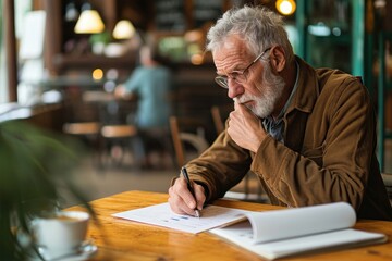 Thoughtful older adult business man writing in notebook, middle aged author or writer taking notes thinking of new ideas, mature male student making checklist, learning in cafe, Generative AI - obrazy, fototapety, plakaty