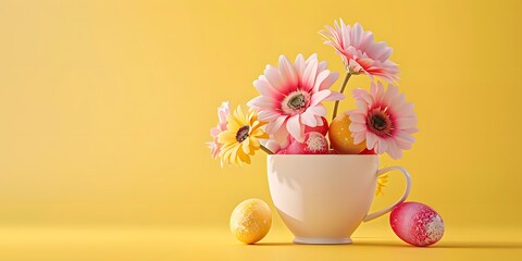 Easter egg and spring flowers in a cup of tea on a yellow background, creative Easter holiday concept, minimalism for postcard design