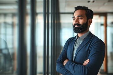 Confident bearded Indian business man leader looking away standing in office hallway. Professional businessman manager executive or male employee, investor entrepreneur thinking of future,GenerativeAI