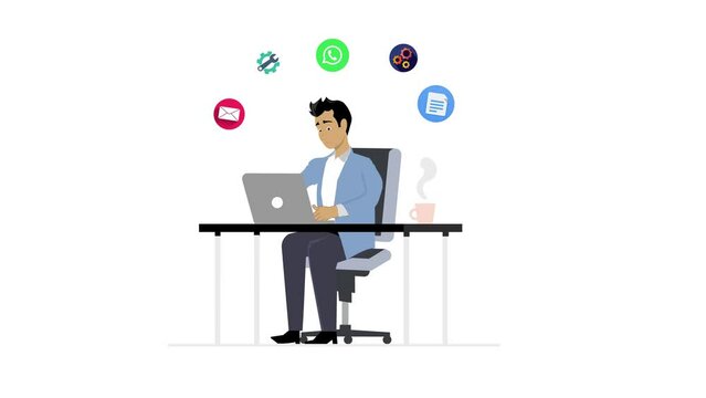 businessman with laptop, Man working on laptop in a hurry, Angry employee sitting on desk working cartoon animation.