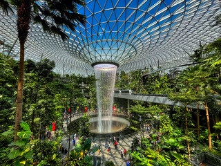 Modern Architecture around the Jewel Waterfall at Singapore Changi International Airport. 