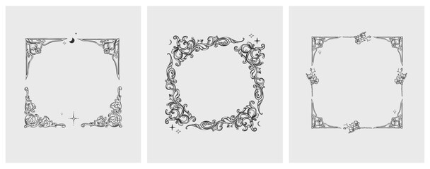 Hand drawn vector abstract outline,graphic,line vintage baroque ornament floral frame in calligraphic elegant modern style.Baroque floral vintage outline design concept.Vector antique frame isolated. - 742780608