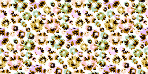 Abstract tropical cute flower seamless pattern with animal, leopard skin texture blurry  camouflage painting design on white background