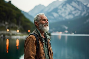 Happy older man standing in nature park enjoying natural park landscape. Smiling mature active traveler exploring camping tourism nature lake and mountains travel journey feeling, Generative AI - obrazy, fototapety, plakaty