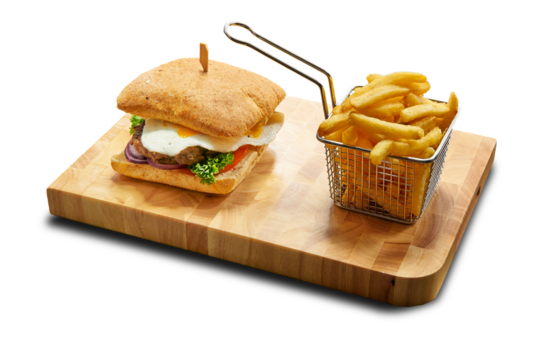 Wooden plank with Burger and french fries  isolated