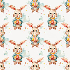 Easter pattern design with an Easter bunny holding eggs. Watercolour pattern design for holiday wrapping paper , napkins, decor, background , textile print