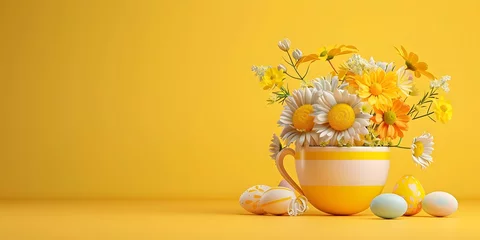 Tuinposter Easter egg and spring flowers in a cup of tea on a yellow background, creative Easter holiday concept, minimalism for postcard design © Jing