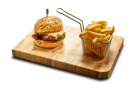 Wooden plank with Burger and french fries  isolated