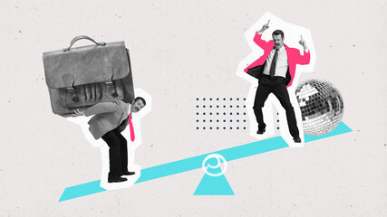 Poster. Contemporary art collage. Scales with one men on two sides who relaxing and dancing and on...
