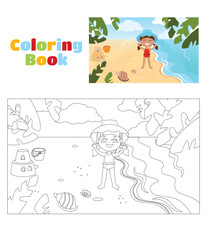 Coloring page. A girl in a hat stands on the seashore. On the beach there is a sand castle and shells. Illustration in cartoon style. Blue sky and water and clean yellow sand.