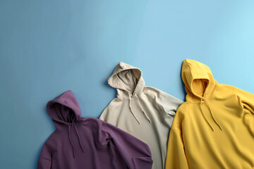beautiful hoodies on a colored background on a flat lay with copy space, clothing store, clothing delivery