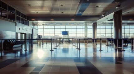 Empty airport check-in area with modern architecture and large windows. Automated check-in, airport management