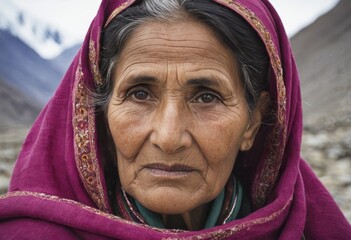 Portrait of an elderly Pakistani woman in traditional local clothes with deep wrinkles on her face