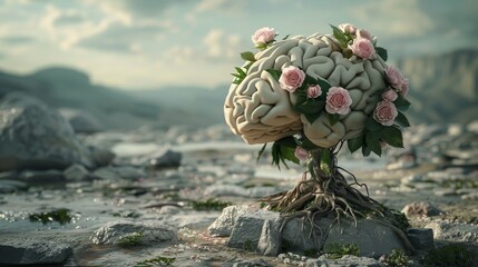 A tree of human brains blooming with flowers, symbolizing self care and mental health awareness