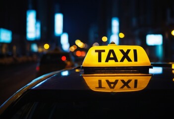 A glowing taxi sign on the roof of a car moving at night