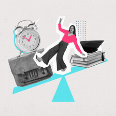 Poster. Modern aesthetic artwork. Young woman trying to balancing on desk with bag, clock and...