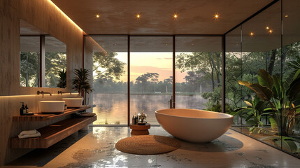 A bathroom with floor-to-ceiling windows offering a panoramic view of nature. The modern bathtub takes center stage, surrounded by natural materials, while subtle recessed lighting enhances the overal - obrazy, fototapety, plakaty