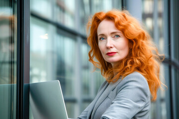 red-haired mature European-looking businesswoman with a laptop against the background of the glass facade of the office