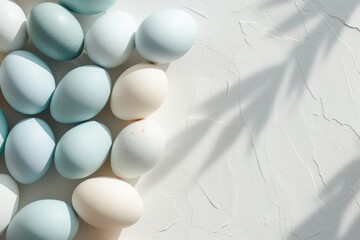 Easter abstract minimalistic background with pastel blue eggs, light and shadows. Generative AI