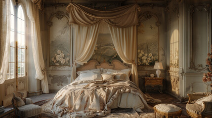 A bedroom with a canopy bed, adorned with rich fabrics and soft textures. The room is accented by a mesmerizing wall mural that seamlessly blends with the surrounding decor, creating a dreamlike atmos