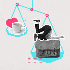 Poster. Contemporary art collage. Cup of coffee and heart and man upside down to briefcase on life balance scales. Concept of work and personal life balance, time management, career.
