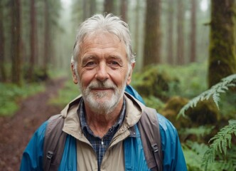 An elderly man who travels through a mountain forest on a rainy day with a backpack on his back
