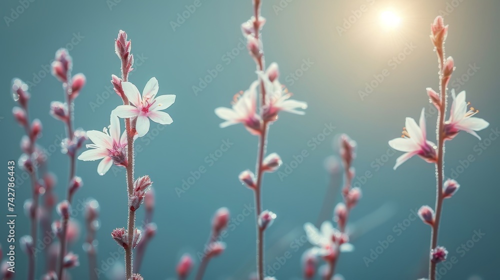 Poster Soft dawn colors blending in abstract spring background with misty dew hints for a serene setting.