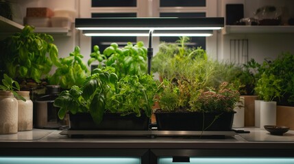 A compact, soil-free indoor herb garden utilizing hydroponic technology, with various herbs growing under LED lights - Powered by Adobe