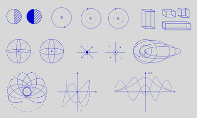 Set of various mathematical and geometric diagrams, shapes in blue color on light background. Science. Modern aesthetics, minimalist art. Vector design for creative cover, poster and ad