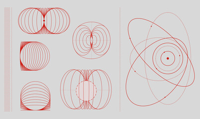 Illustrations of magnetic field lines and orbital paths in red on a white background. Abstract geometric shapes. Modern aesthetics, minimalist art. Vector design for creative cover, poster and ad