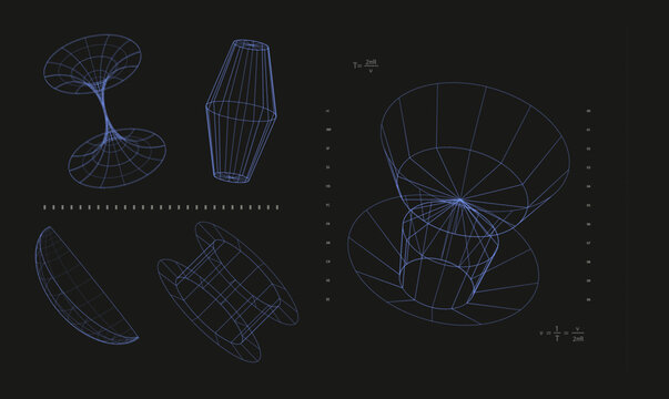 Abstract illustration of various geometric shapes on black background with mathematical notations. Modern aesthetics, minimalist art. Vector design for creative cover, poster and ad