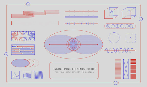 An assortment of engineering diagrams and wave patterns in red and blue on a pale background. Modern aesthetics, minimalist art. Vector design for creative cover, poster and ad