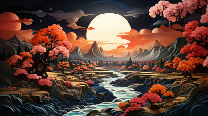 Vibrant Sunset Sky: Captivating Moonlit Ocean Landscape Illustration with Tree Silhouettes and Starlit Horizon in Abstract Evening Beauty, generative AI