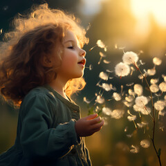 A child blowing dandelion seeds into the wind.
