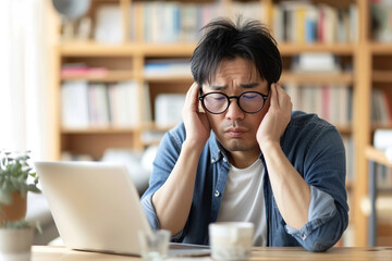 Exhausted Japanese man taking off eyeglasses and rubbing nose bridge, taking break in online work on laptop - obrazy, fototapety, plakaty
