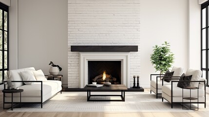 interior white brick fireplace - obrazy, fototapety, plakaty