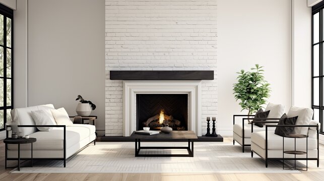 Fototapeta interior white brick fireplace