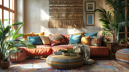 A bohemian living room with a colorful sofa, a rattan coffee table, and a macrame wall hanging. The sofa is covered with pillows and throws in different patterns and textures. A floor cushion and a po - obrazy, fototapety, plakaty