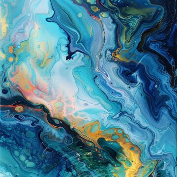 Abstract Fluid Acrylic Pour in Blue and Yellow